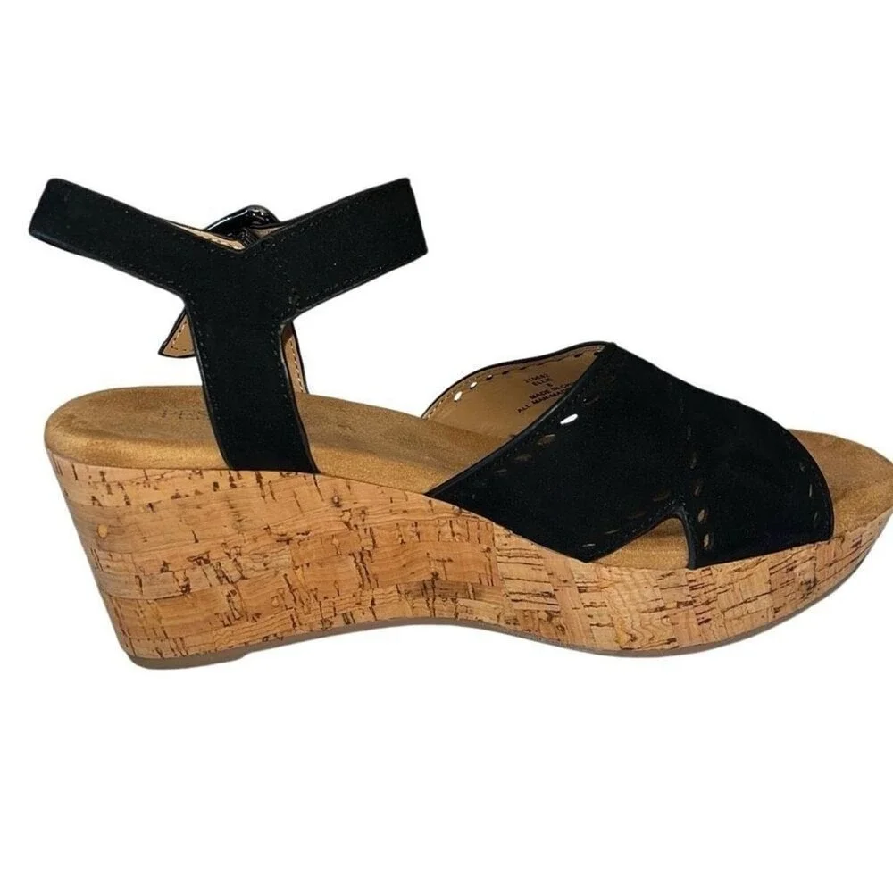 Pesaro Elle Black Faux Suede Cork Wedge‎ Sandals Perforated Strappy Size 8